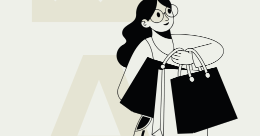Logo Krone Aarberg und eine Karikatur von einer Frau mit Shoppingtaschen.