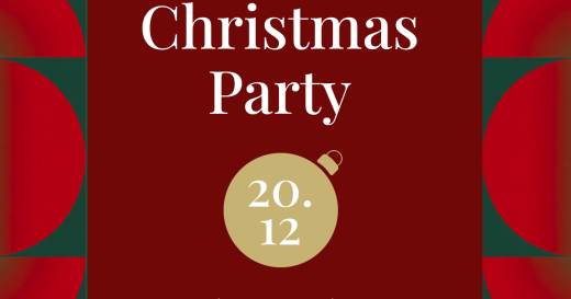 Schriftzug "Christmas Party" darunter eine Weihnachtskugel mit dem Datum 20.12., darunter Schriftzug "in der Krone Aarberg". Roter Hintergrund